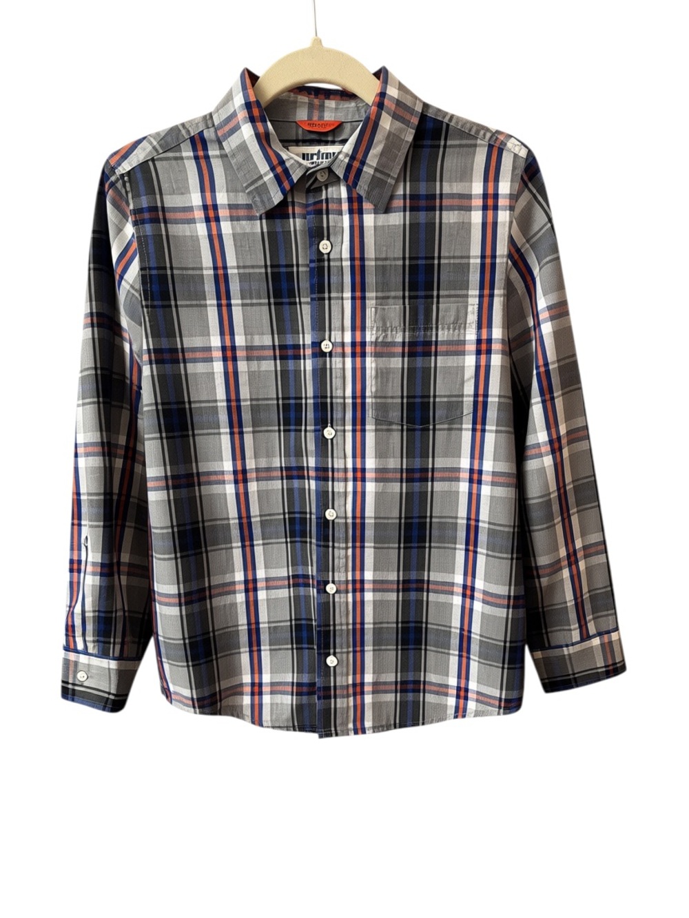 Urban Pipeline Boys L Plaid Button Down Shirt Gray Navy Orange EUC